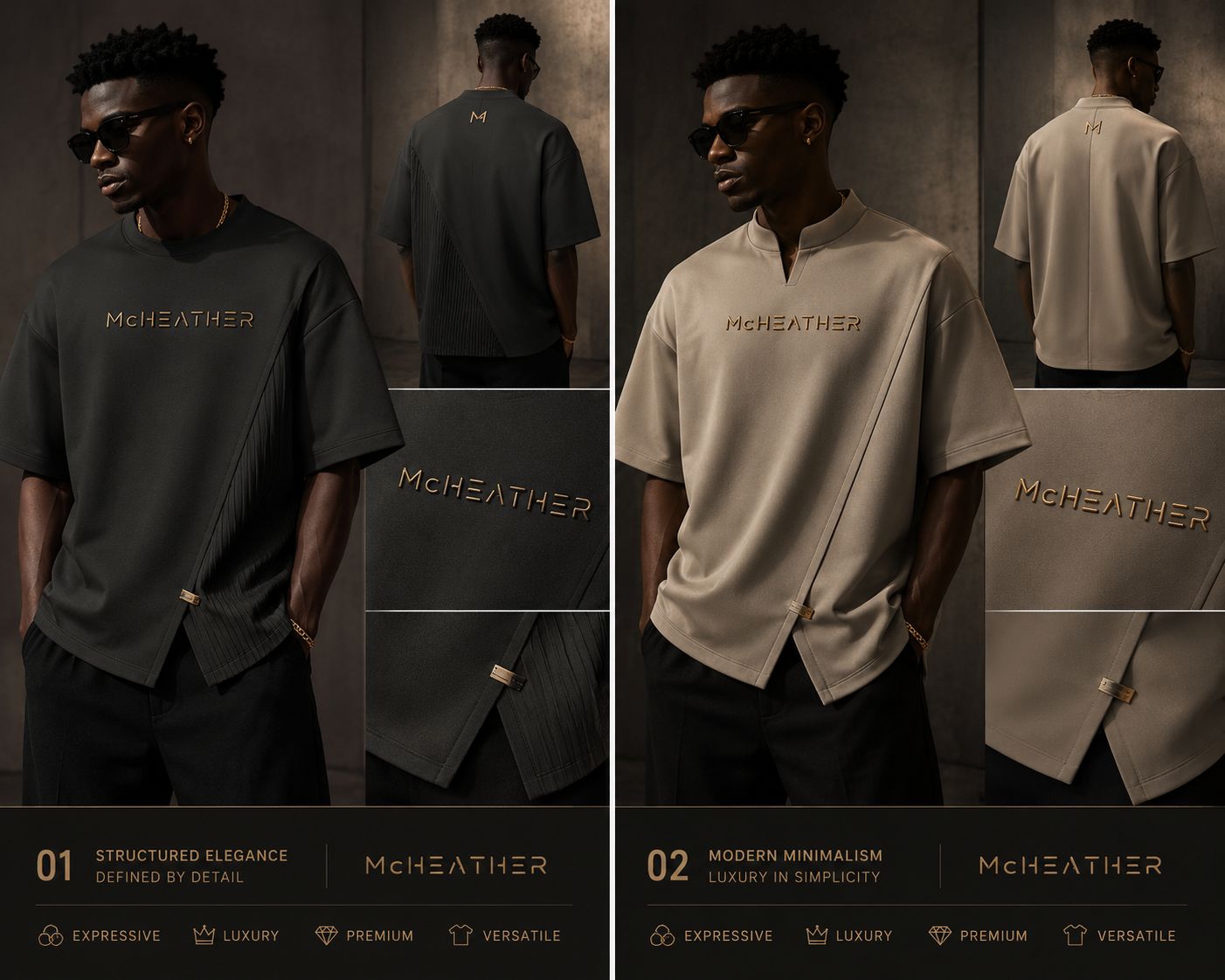 McHeather structured tee in black and stone